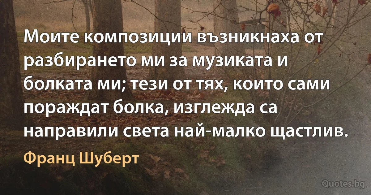 Моите композиции възникнаха от разбирането ми за музиката и болката ми; тези от тях, които сами пораждат болка, изглежда са направили света най-малко щастлив. (Франц Шуберт)