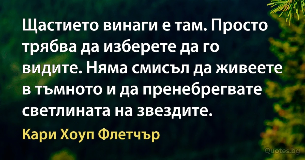 Щастието винаги е там. Просто трябва да изберете да го видите. Няма смисъл да живеете в тъмното и да пренебрегвате светлината на звездите. (Кари Хоуп Флетчър)