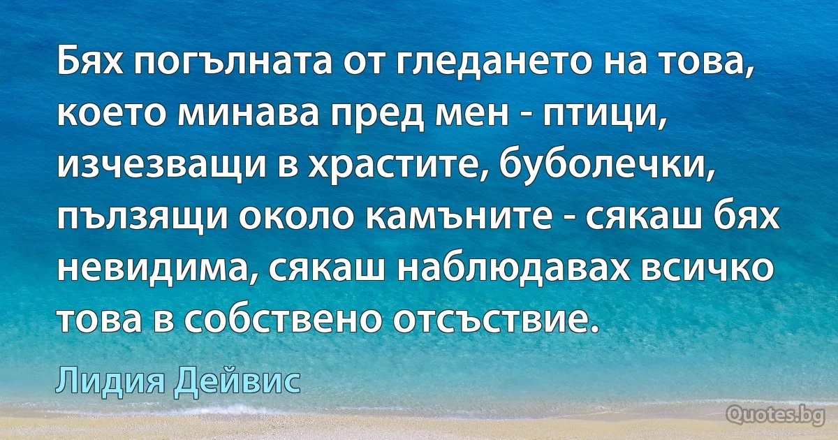 Бях погълната от гледането на това, което минава пред мен - птици, изчезващи в храстите, буболечки, пълзящи около камъните - сякаш бях невидима, сякаш наблюдавах всичко това в собствено отсъствие. (Лидия Дейвис)