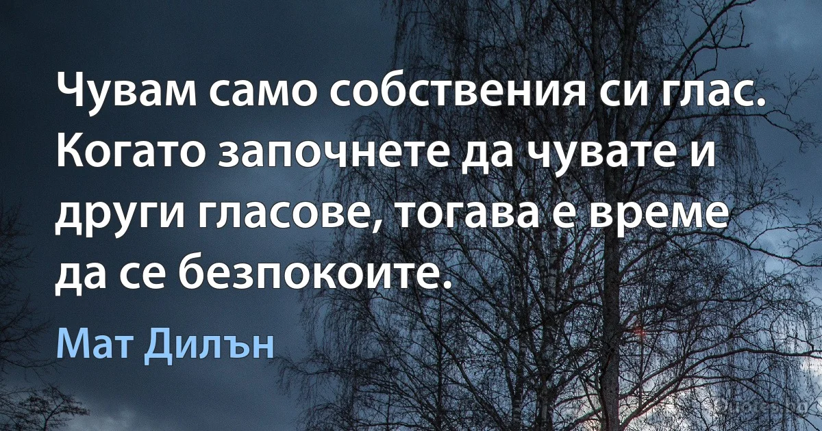 Чувам само собствения си глас. Когато започнете да чувате и други гласове, тогава е време да се безпокоите. (Мат Дилън)