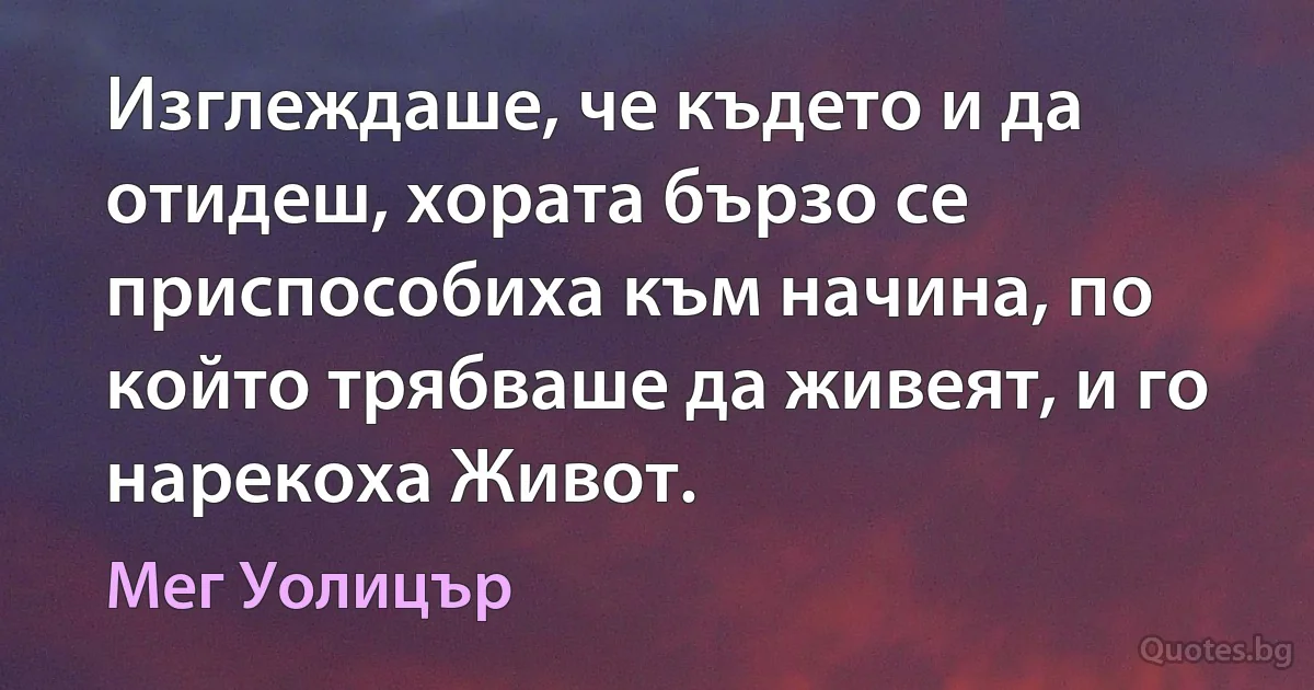 Изглеждаше, че където и да отидеш, хората бързо се приспособиха към начина, по който трябваше да живеят, и го нарекоха Живот. (Мег Уолицър)