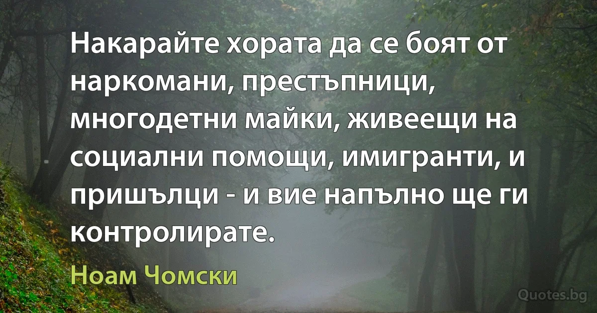 Накарайте хората да се боят от наркомани, престъпници, многодетни майки, живеещи на социални помощи, имигранти, и пришълци - и вие напълно ще ги контролирате. (Ноам Чомски)