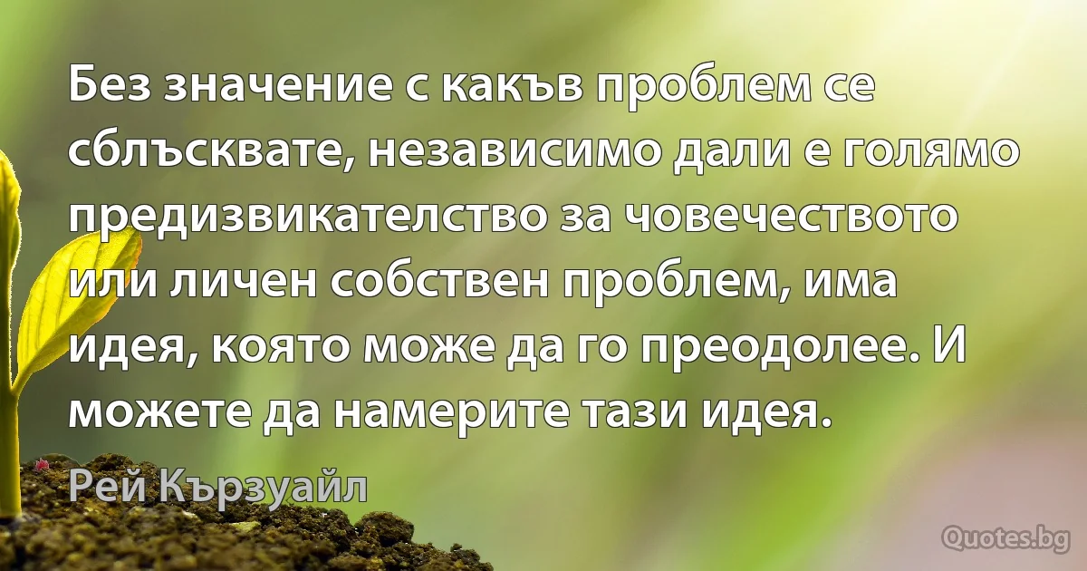 Без значение с какъв проблем се сблъсквате, независимо дали е голямо предизвикателство за човечеството или личен собствен проблем, има идея, която може да го преодолее. И можете да намерите тази идея. (Рей Кързуайл)