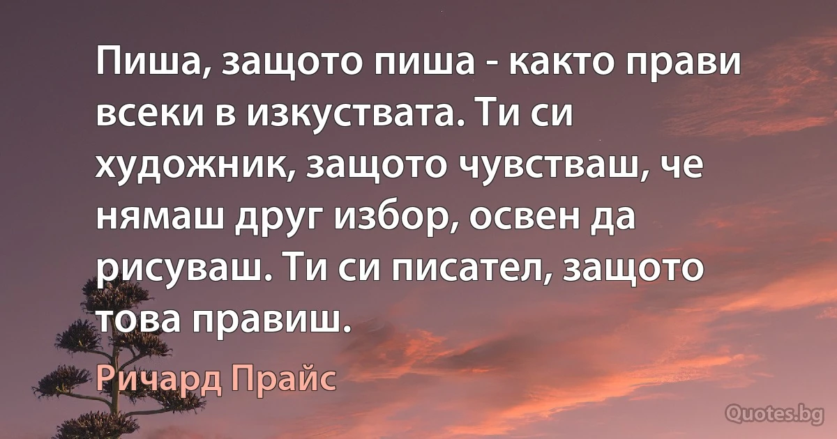 Пиша, защото пиша - както прави всеки в изкуствата. Ти си художник, защото чувстваш, че нямаш друг избор, освен да рисуваш. Ти си писател, защото това правиш. (Ричард Прайс)