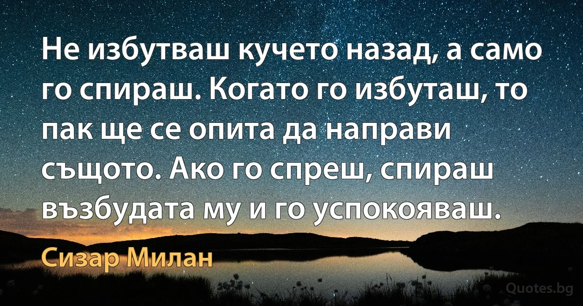 Не избутваш кучето назад, а само го спираш. Когато го избуташ, то пак ще се опита да направи същото. Ако го спреш, спираш възбудата му и го успокояваш. (Сизар Милан)