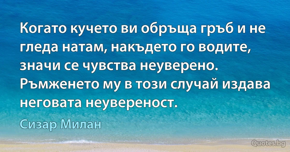 Когато кучето ви обръща гръб и не гледа натам, накъдето го водите, значи се чувства неуверено. Ръмженето му в този случай издава неговата неувереност. (Сизар Милан)