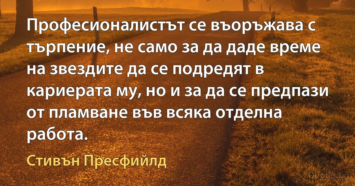 Професионалистът се въоръжава с търпение, не само за да даде време на звездите да се подредят в кариерата му, но и за да се предпази от пламване във всяка отделна работа. (Стивън Пресфийлд)