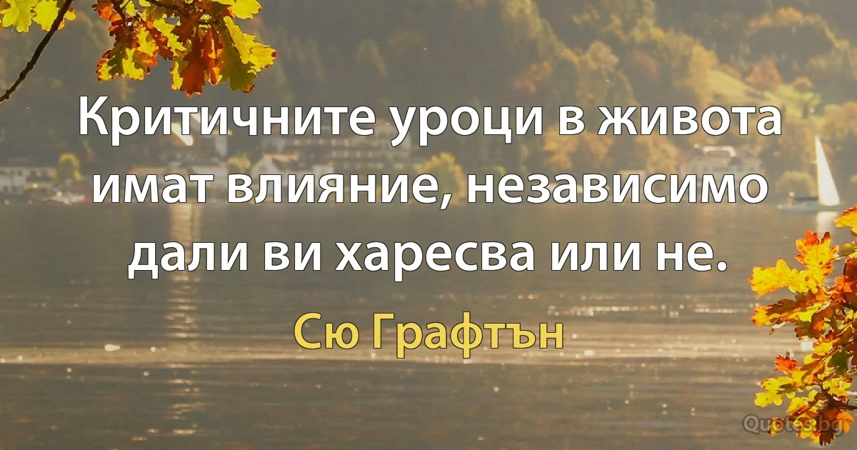 Критичните уроци в живота имат влияние, независимо дали ви харесва или не. (Сю Графтън)