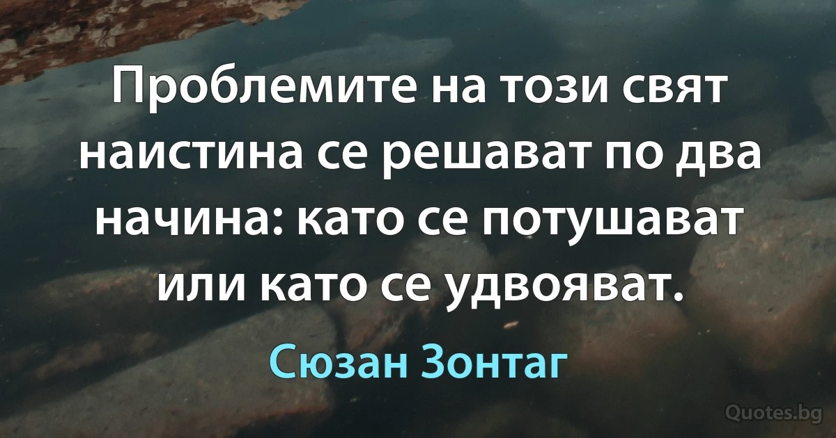 Проблемите на този свят наистина се решават по два начина: като се потушават или като се удвояват. (Сюзан Зонтаг)