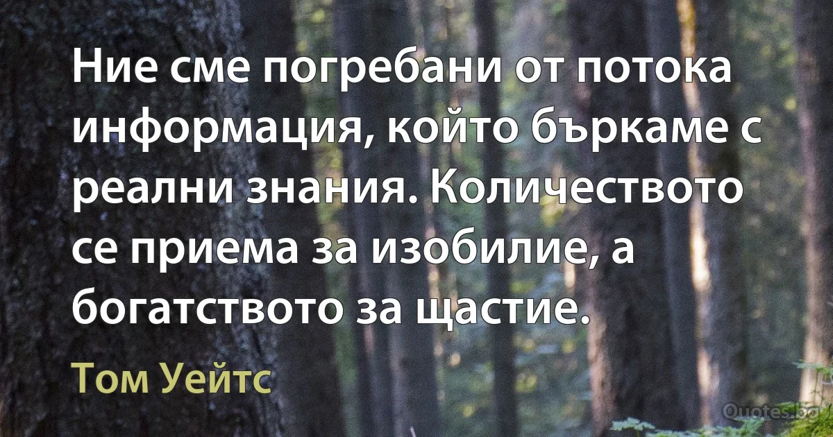 Ние сме погребани от потока информация, който бъркаме с реални знания. Количеството се приема за изобилие, а богатството за щастие. (Том Уейтс)