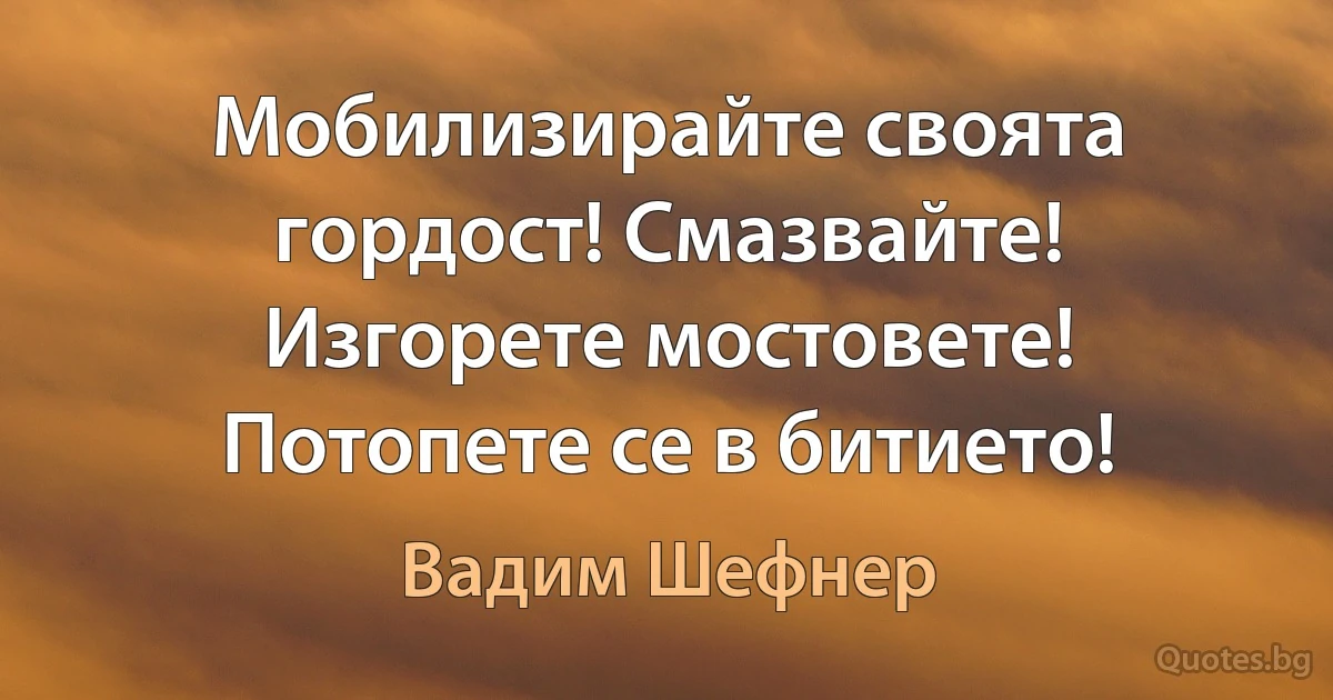 Мобилизирайте своята гордост! Смазвайте! Изгорете мостовете! Потопете се в битието! (Вадим Шефнер)