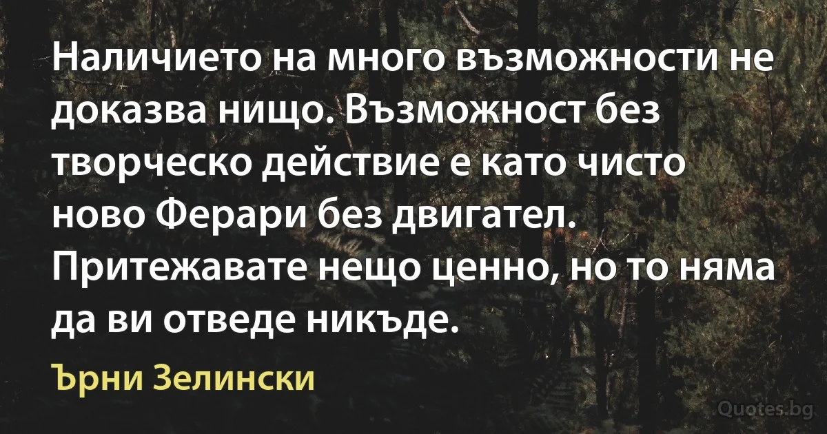 Наличието на много възможности не доказва нищо. Възможност без творческо действие е като чисто ново Ферари без двигател. Притежавате нещо ценно, но то няма да ви отведе никъде. (Ърни Зелински)