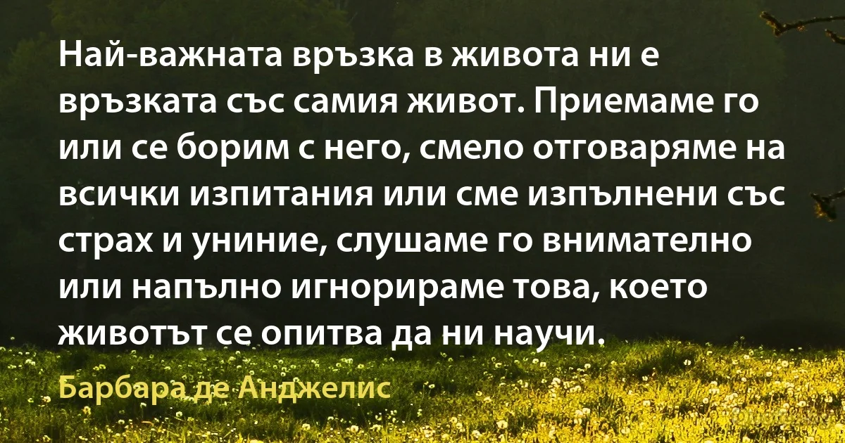 Най-важната връзка в живота ни е връзката със самия живот. Приемаме го или се борим с него, смело отговаряме на всички изпитания или сме изпълнени със страх и униние, слушаме го внимателно или напълно игнорираме това, което животът се опитва да ни научи. (Барбара де Анджелис)