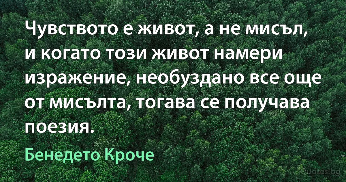 Чувството е живот, а не мисъл, и когато този живот намери изражение, необуздано все още от мисълта, тогава се получава поезия. (Бенедето Кроче)