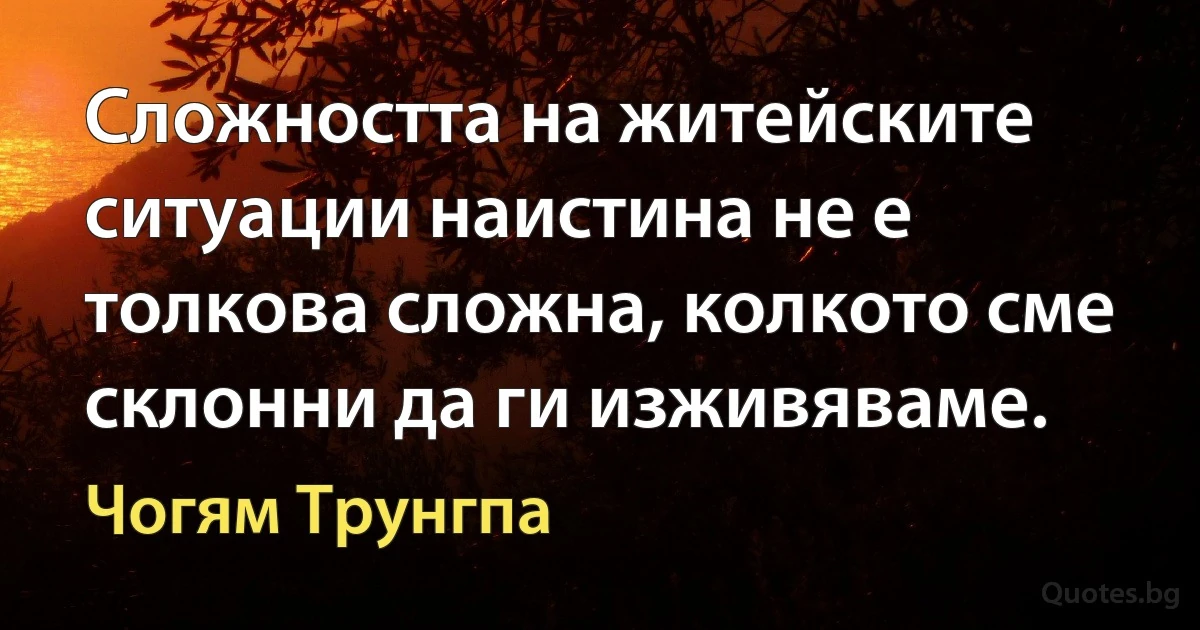 Сложността на житейските ситуации наистина не е толкова сложна, колкото сме склонни да ги изживяваме. (Чогям Трунгпа)