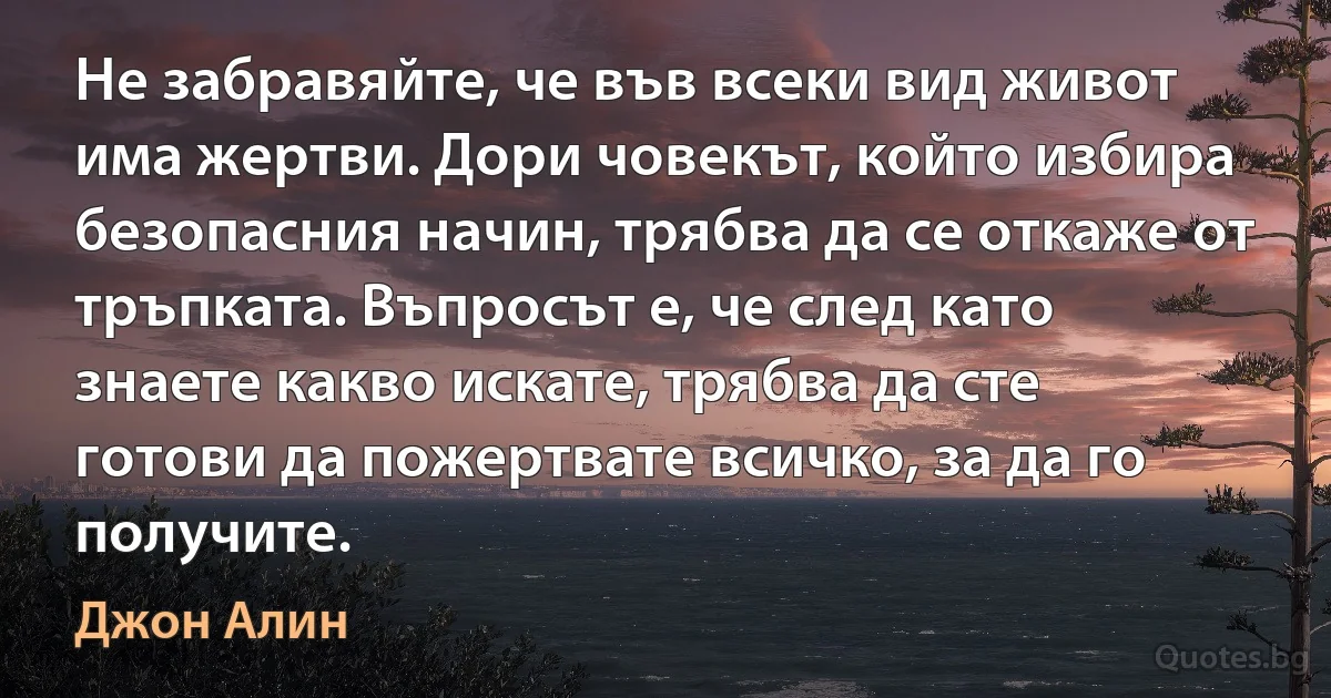 Не забравяйте, че във всеки вид живот има жертви. Дори човекът, който избира безопасния начин, трябва да се откаже от тръпката. Въпросът е, че след като знаете какво искате, трябва да сте готови да пожертвате всичко, за да го получите. (Джон Алин)