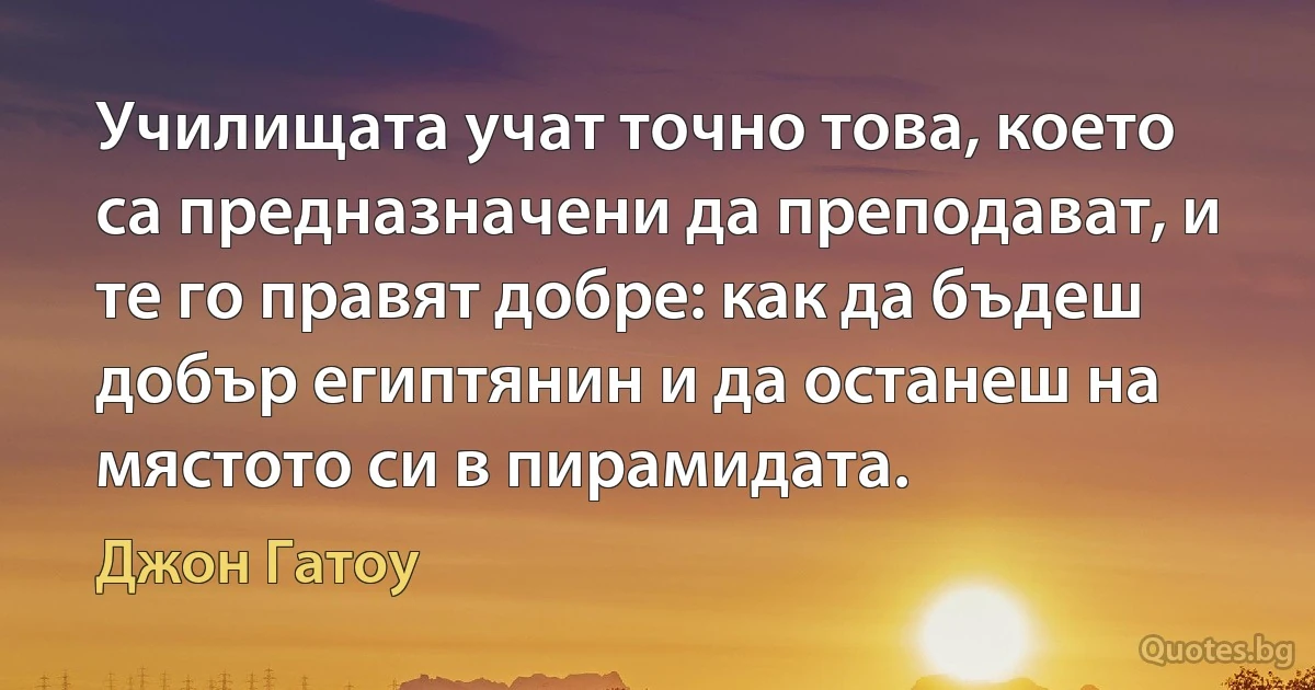 Училищата учат точно това, което са предназначени да преподават, и те го правят добре: как да бъдеш добър египтянин и да останеш на мястото си в пирамидата. (Джон Гатоу)