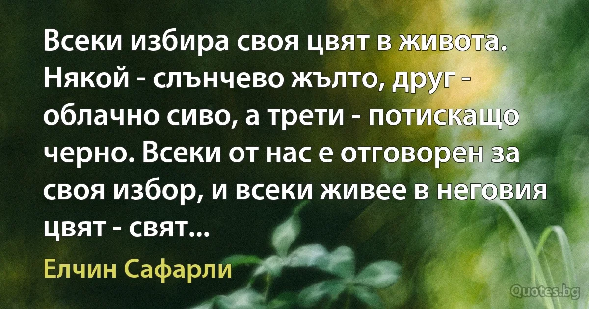 Всеки избира своя цвят в живота. Някой - слънчево жълто, друг - облачно сиво, а трети - потискащо черно. Всеки от нас е отговорен за своя избор, и всеки живее в неговия цвят - свят... (Елчин Сафарли)