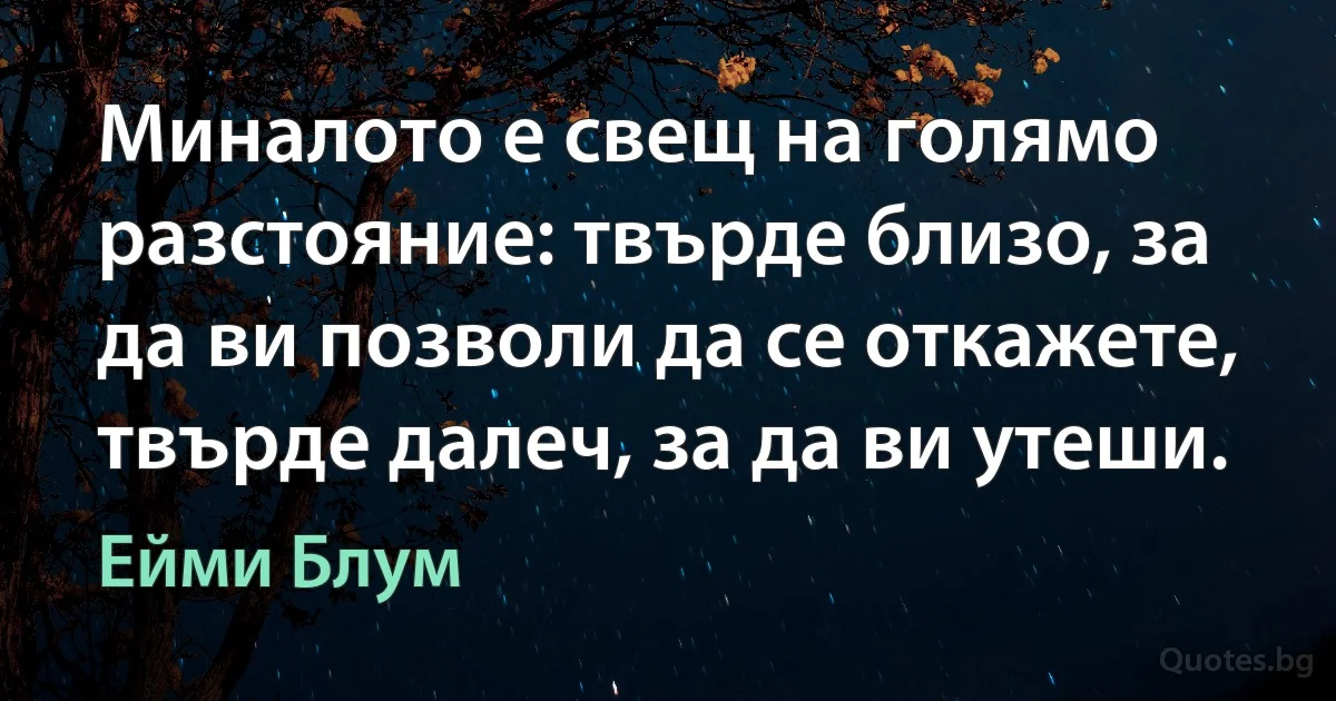 Миналото е свещ на голямо разстояние: твърде близо, за да ви позволи да се откажете, твърде далеч, за да ви утеши. (Ейми Блум)