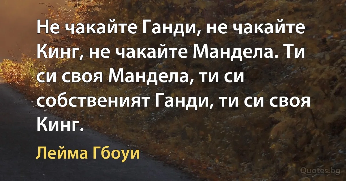 Не чакайте Ганди, не чакайте Кинг, не чакайте Мандела. Ти си своя Мандела, ти си собственият Ганди, ти си своя Кинг. (Лейма Гбоуи)