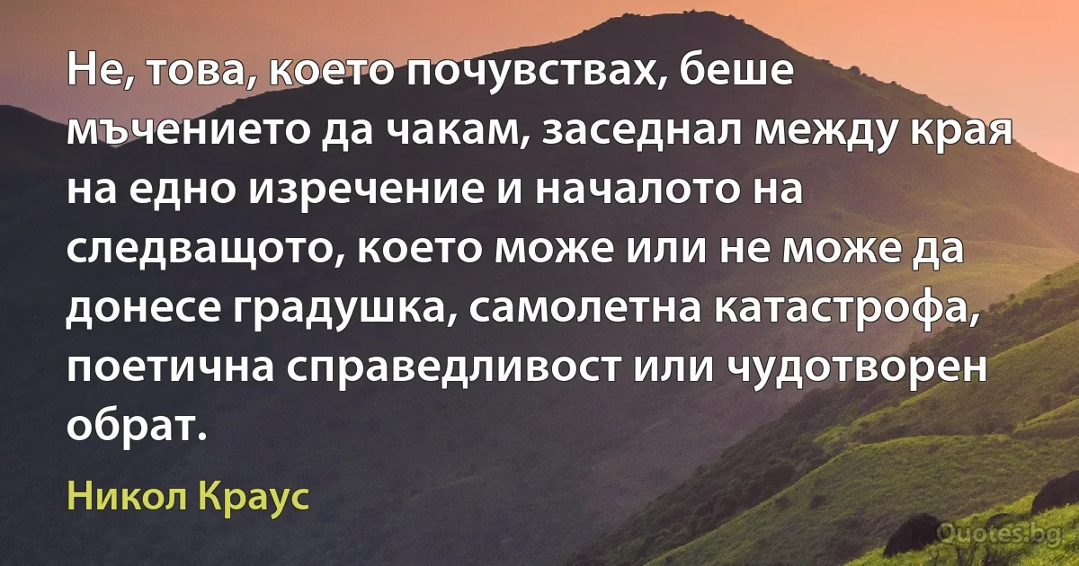 Не, това, което почувствах, беше мъчението да чакам, заседнал между края на едно изречение и началото на следващото, което може или не може да донесе градушка, самолетна катастрофа, поетична справедливост или чудотворен обрат. (Никол Краус)