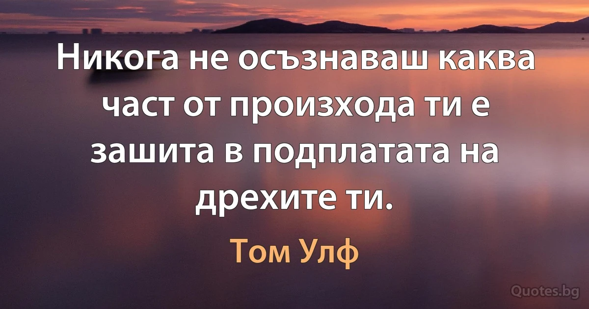 Никога не осъзнаваш каква част от произхода ти е зашита в подплатата на дрехите ти. (Том Улф)