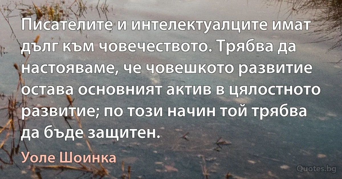 Писателите и интелектуалците имат дълг към човечеството. Трябва да настояваме, че човешкото развитие остава основният актив в цялостното развитие; по този начин той трябва да бъде защитен. (Уоле Шоинка)