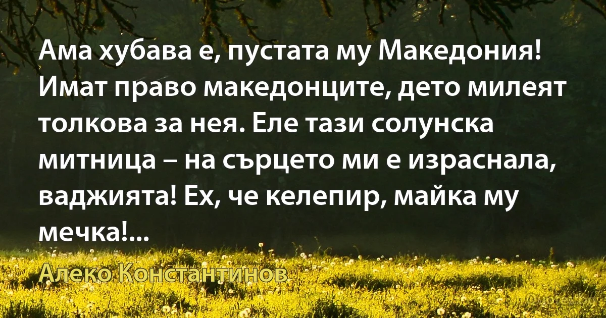 Ама хубава е, пустата му Македония! Имат право македонците, дето милеят толкова за нея. Еле тази солунска митница – на сърцето ми е израснала, ваджията! Ех, че келепир, майка му мечка!... (Алеко Константинов)