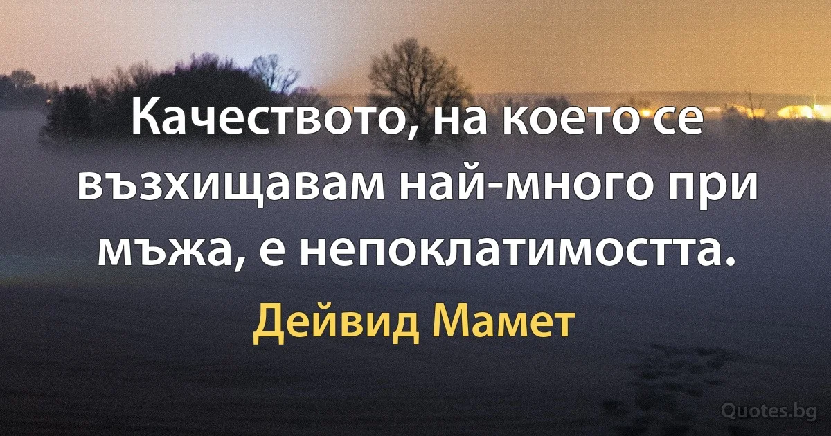 Качеството, на което се възхищавам най-много при мъжа, е непоклатимостта. (Дейвид Мамет)