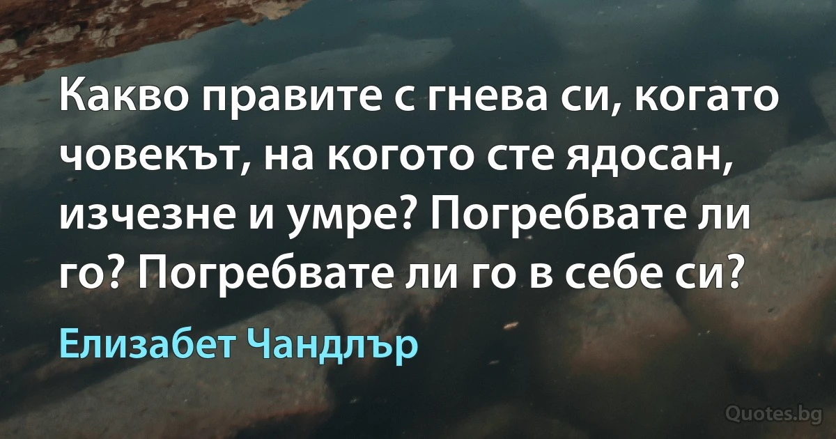 Какво правите с гнева си, когато човекът, на когото сте ядосан, изчезне и умре? Погребвате ли го? Погребвате ли го в себе си? (Елизабет Чандлър)