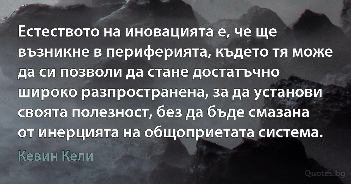 Естеството на иновацията е, че ще възникне в периферията, където тя може да си позволи да стане достатъчно широко разпространена, за да установи своята полезност, без да бъде смазана от инерцията на общоприетата система. (Кевин Кели)