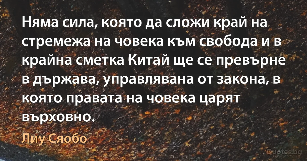 Няма сила, която да сложи край на стремежа на човека към свобода и в крайна сметка Китай ще се превърне в държава, управлявана от закона, в която правата на човека царят върховно. (Лиу Сяобо)