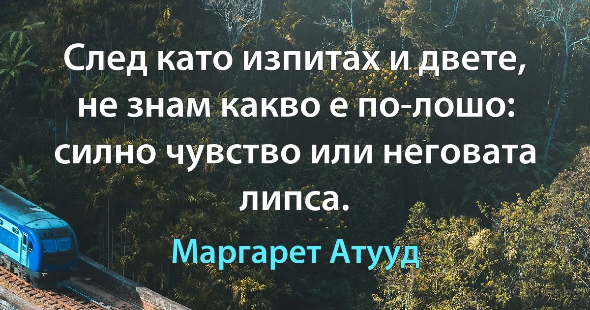 След като изпитах и двете, не знам какво е по-лошо: силно чувство или неговата липса. (Маргарет Атууд)