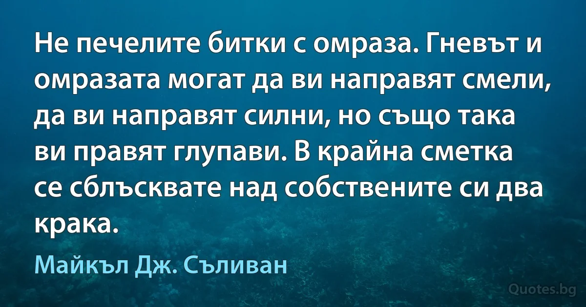 Не печелите битки с омраза. Гневът и омразата могат да ви направят смели, да ви направят силни, но също така ви правят глупави. В крайна сметка се сблъсквате над собствените си два крака. (Майкъл Дж. Съливан)