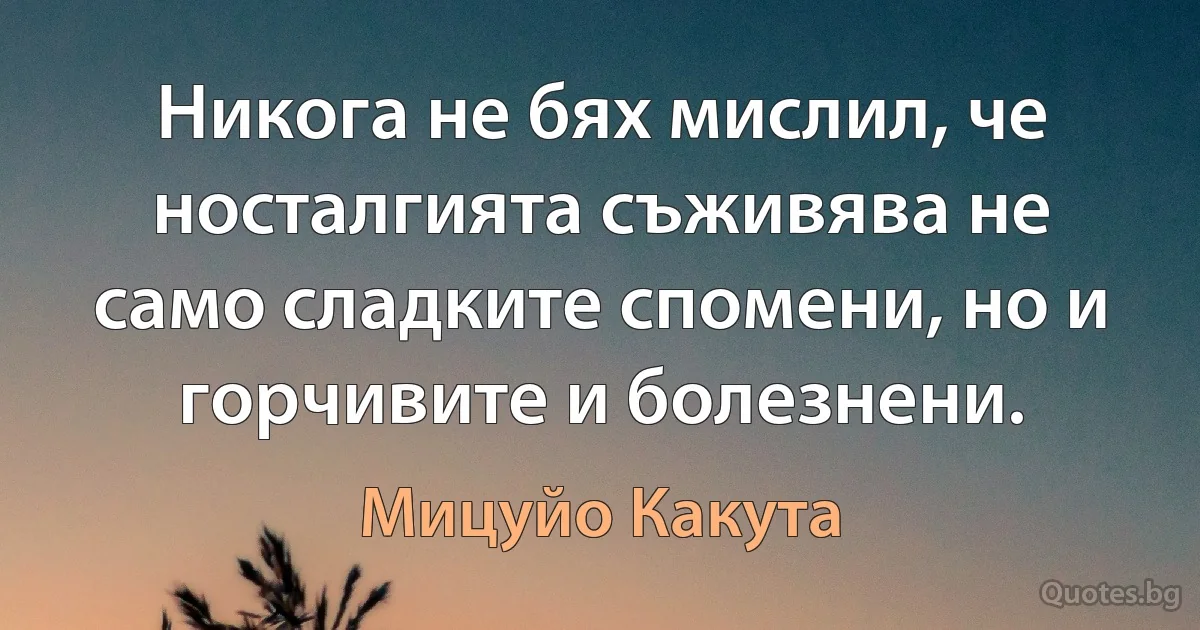 Никога не бях мислил, че носталгията съживява не само сладките спомени, но и горчивите и болезнени. (Мицуйо Какута)