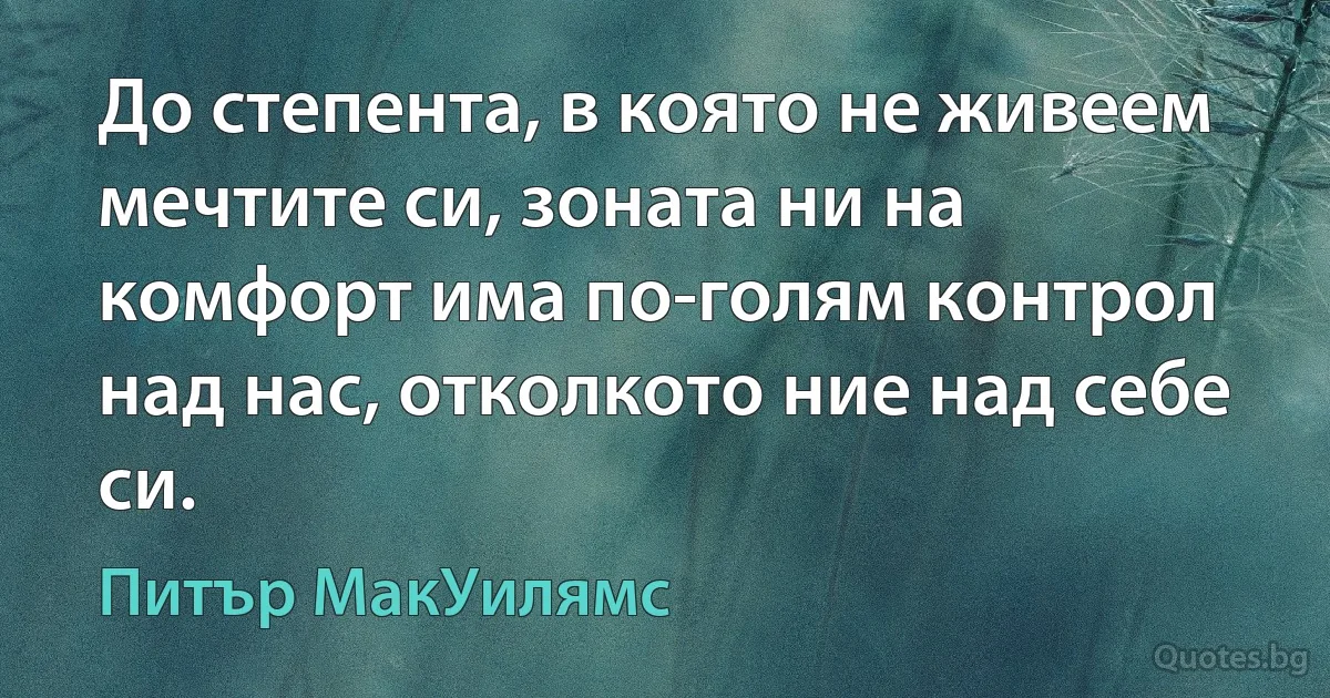 До степента, в която не живеем мечтите си, зоната ни на комфорт има по-голям контрол над нас, отколкото ние над себе си. (Питър МакУилямс)