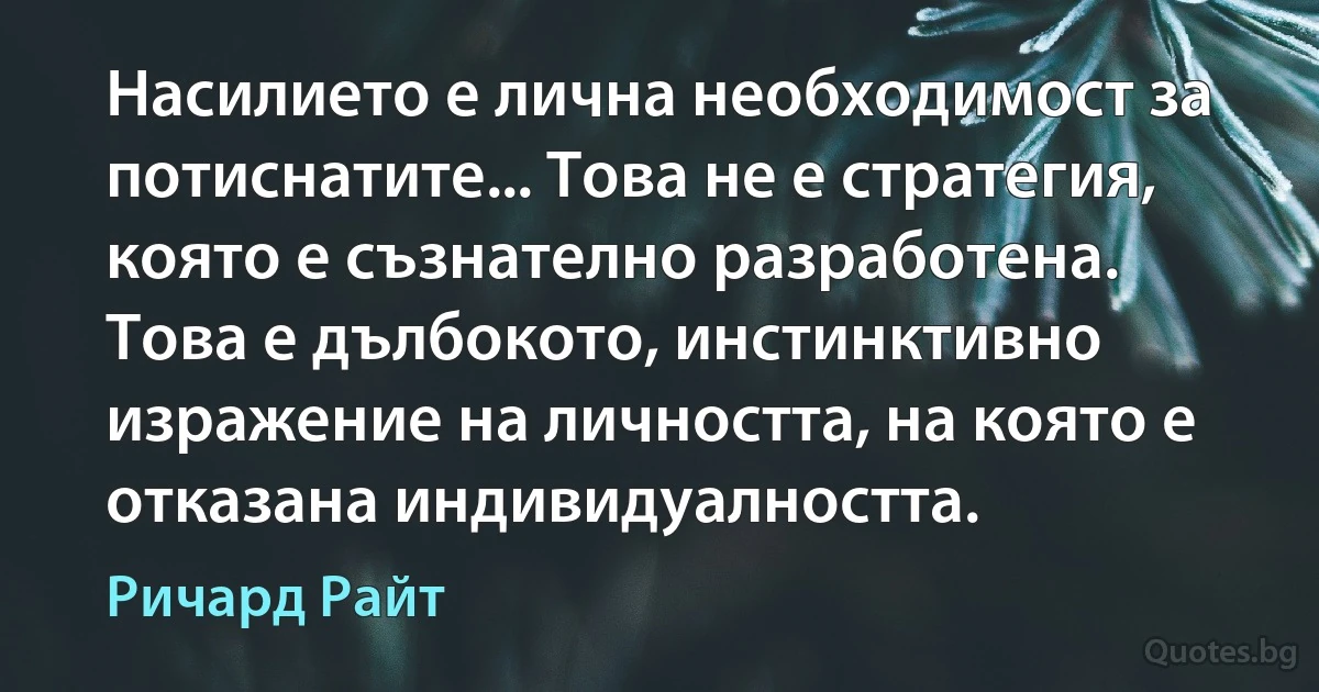 Насилието е лична необходимост за потиснатите... Това не е стратегия, която е съзнателно разработена. Това е дълбокото, инстинктивно изражение на личността, на която е отказана индивидуалността. (Ричард Райт)