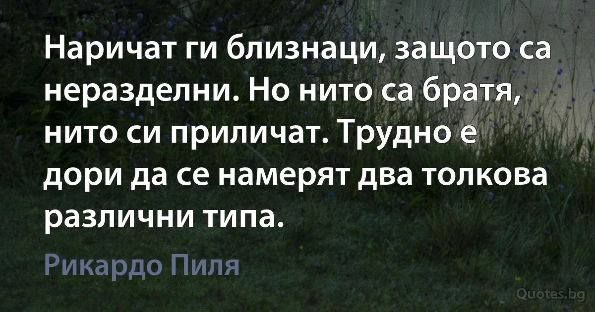 Наричат ги близнаци, защото са неразделни. Но нито са братя, нито си приличат. Трудно е дори да се намерят два толкова различни типа. (Рикардо Пиля)