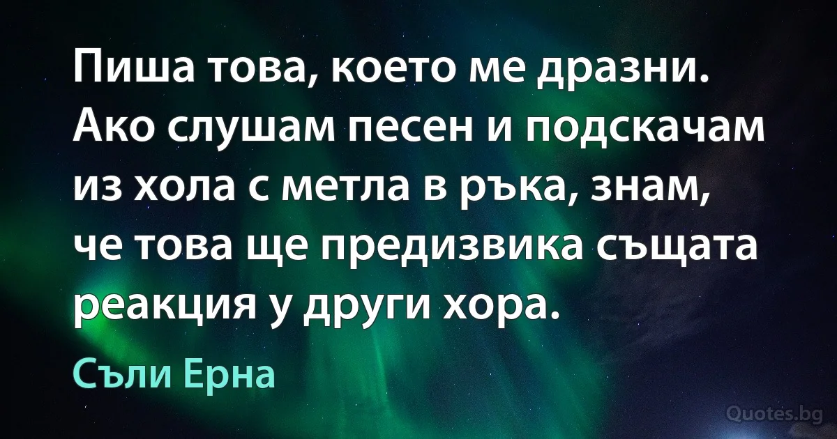 Пиша това, което ме дразни. Ако слушам песен и подскачам из хола с метла в ръка, знам, че това ще предизвика същата реакция у други хора. (Съли Ерна)