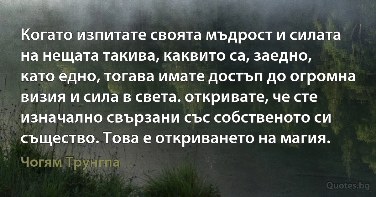 Когато изпитате своята мъдрост и силата на нещата такива, каквито са, заедно, като едно, тогава имате достъп до огромна визия и сила в света. откривате, че сте изначално свързани със собственото си същество. Това е откриването на магия. (Чогям Трунгпа)