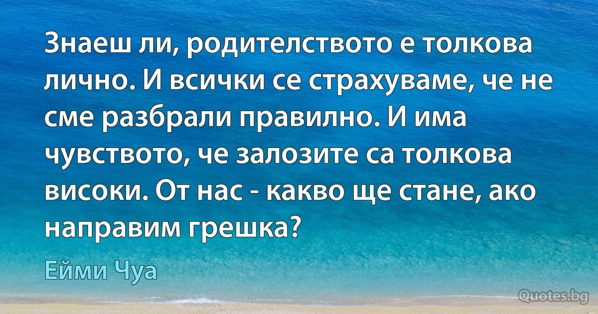 Знаеш ли, родителството е толкова лично. И всички се страхуваме, че не сме разбрали правилно. И има чувството, че залозите са толкова високи. От нас - какво ще стане, ако направим грешка? (Ейми Чуа)