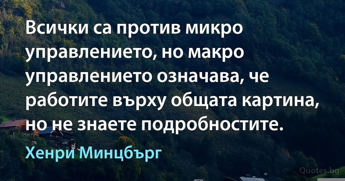 Всички са против микро управлението, но макро управлението означава, че работите върху общата картина, но не знаете подробностите. (Хенри Минцбърг)