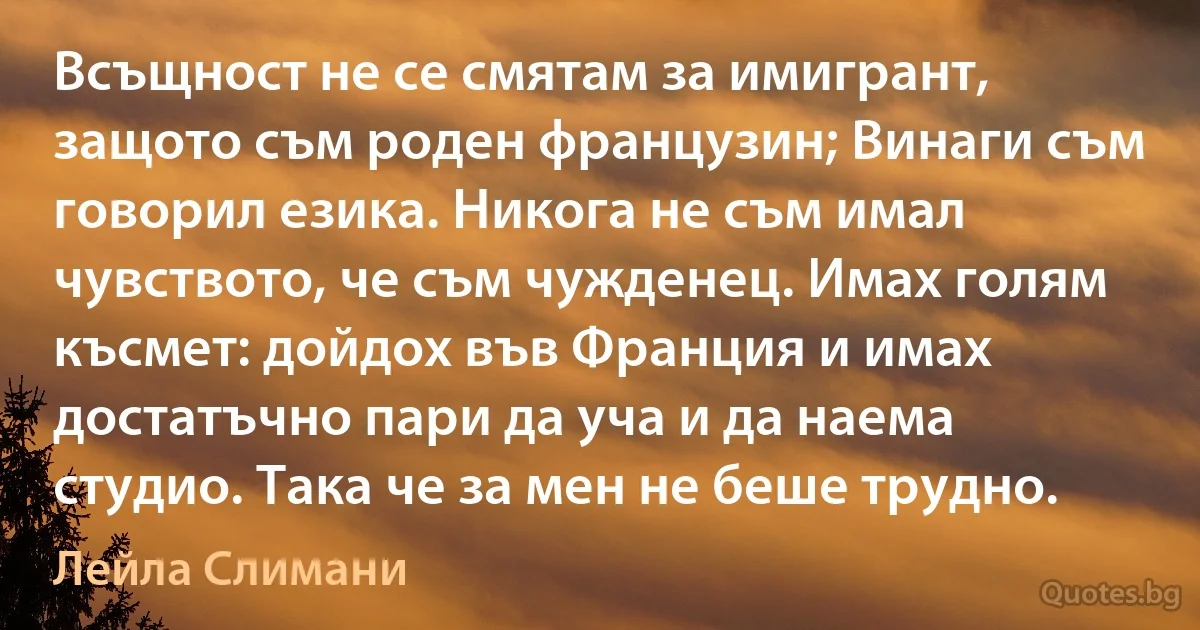 Всъщност не се смятам за имигрант, защото съм роден французин; Винаги съм говорил езика. Никога не съм имал чувството, че съм чужденец. Имах голям късмет: дойдох във Франция и имах достатъчно пари да уча и да наема студио. Така че за мен не беше трудно. (Лейла Слимани)