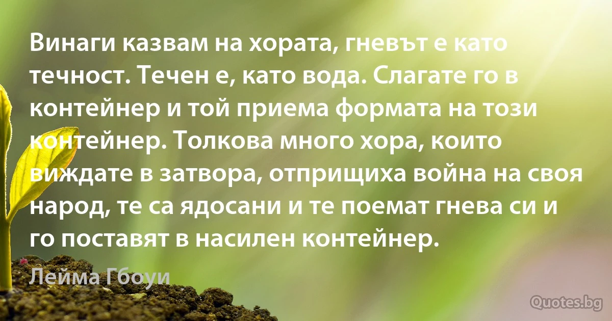 Винаги казвам на хората, гневът е като течност. Течен е, като вода. Слагате го в контейнер и той приема формата на този контейнер. Толкова много хора, които виждате в затвора, отприщиха война на своя народ, те са ядосани и те поемат гнева си и го поставят в насилен контейнер. (Лейма Гбоуи)