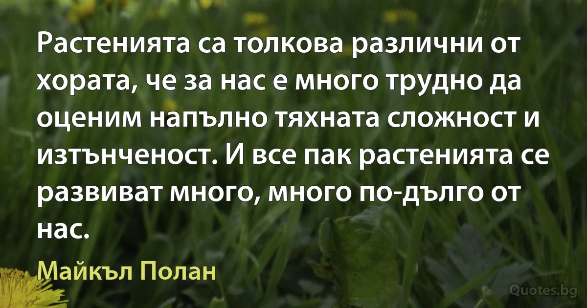 Растенията са толкова различни от хората, че за нас е много трудно да оценим напълно тяхната сложност и изтънченост. И все пак растенията се развиват много, много по-дълго от нас. (Майкъл Полан)