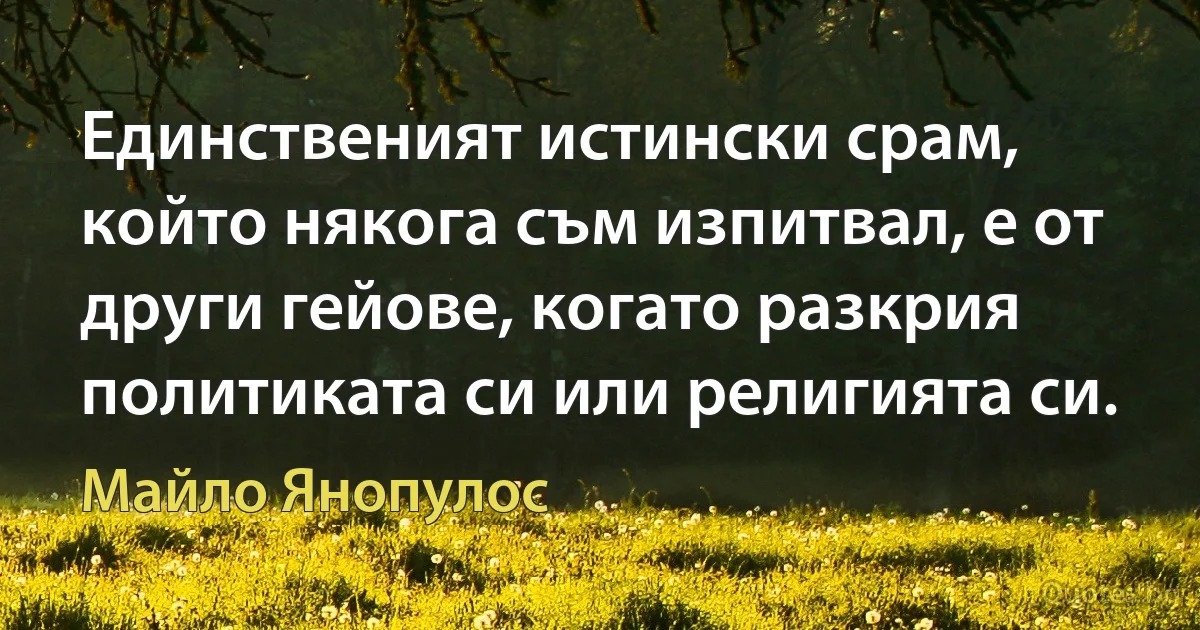 Единственият истински срам, който някога съм изпитвал, е от други гейове, когато разкрия политиката си или религията си. (Майло Янопулос)