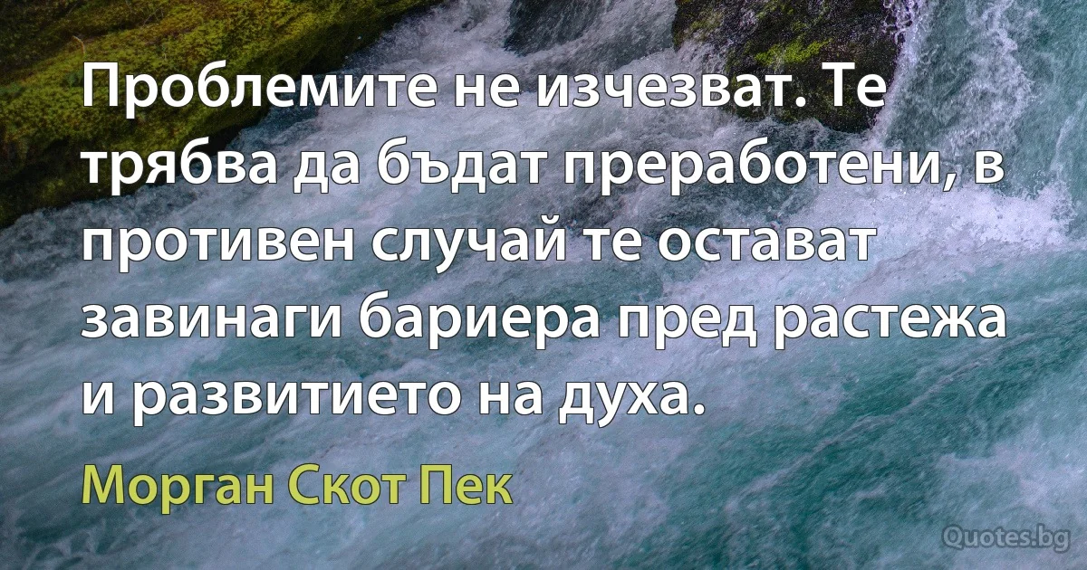 Проблемите не изчезват. Те трябва да бъдат преработени, в противен случай те остават завинаги бариера пред растежа и развитието на духа. (Морган Скот Пек)