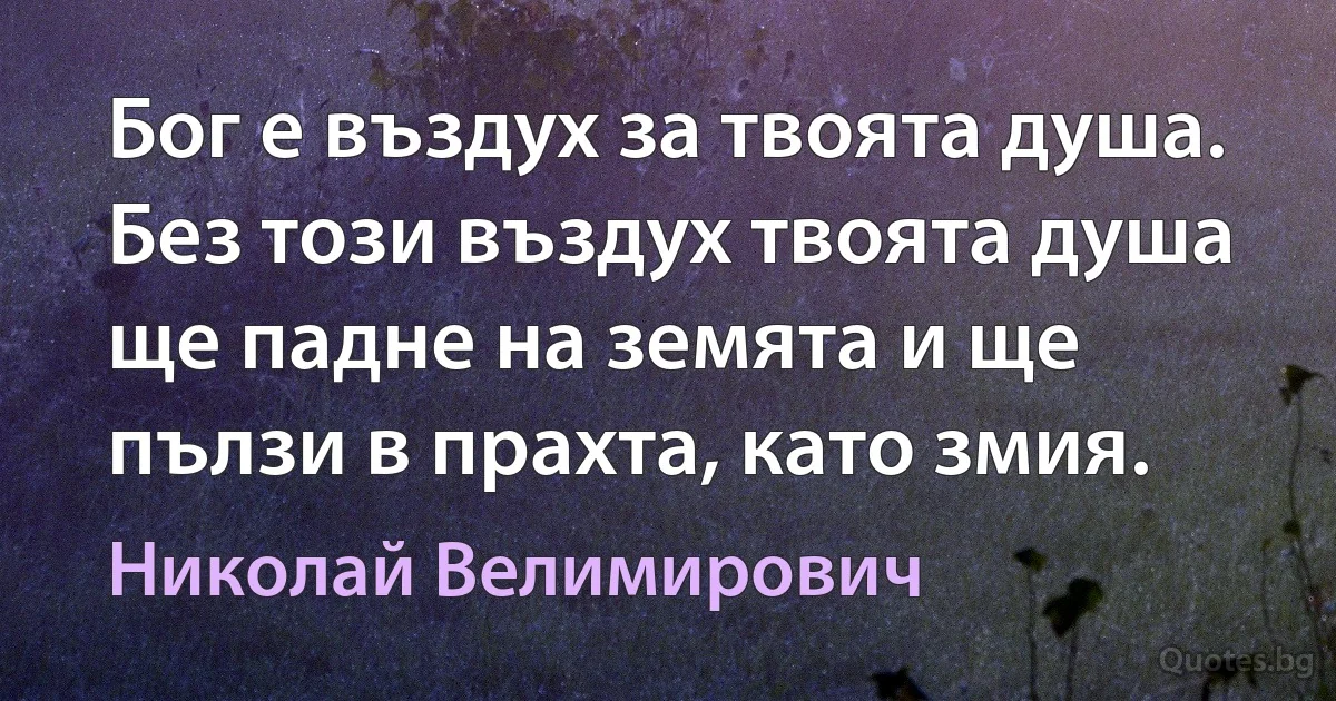 Бог е въздух за твоята душа. Без този въздух твоята душа ще падне на земята и ще пълзи в прахта, като змия. (Николай Велимирович)