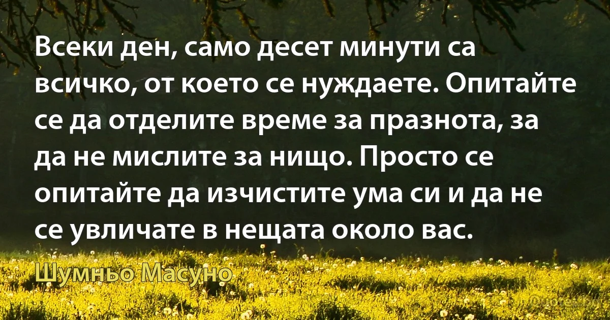 Всеки ден, само десет минути са всичко, от което се нуждаете. Опитайте се да отделите време за празнота, за да не мислите за нищо. Просто се опитайте да изчистите ума си и да не се увличате в нещата около вас. (Шумньо Масуно)