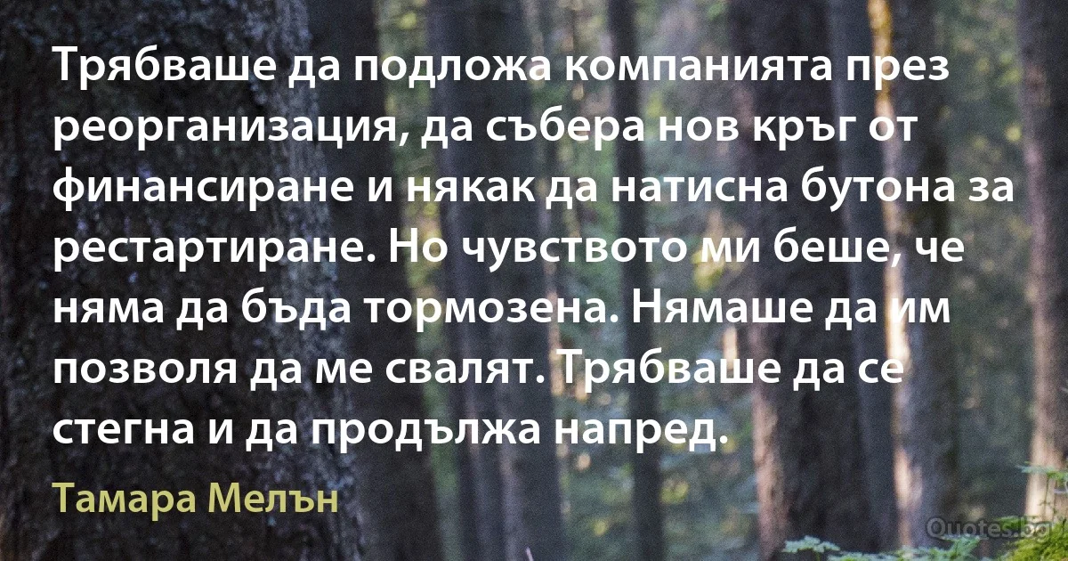 Трябваше да подложа компанията през реорганизация, да събера нов кръг от финансиране и някак да натисна бутона за рестартиране. Но чувството ми беше, че няма да бъда тормозена. Нямаше да им позволя да ме свалят. Трябваше да се стегна и да продължа напред. (Тамара Мелън)